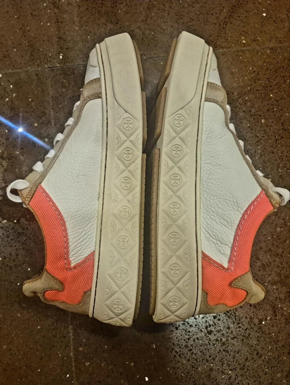 Tory Burch Leather Sneakers in White and Orange-Red with Tan Trim